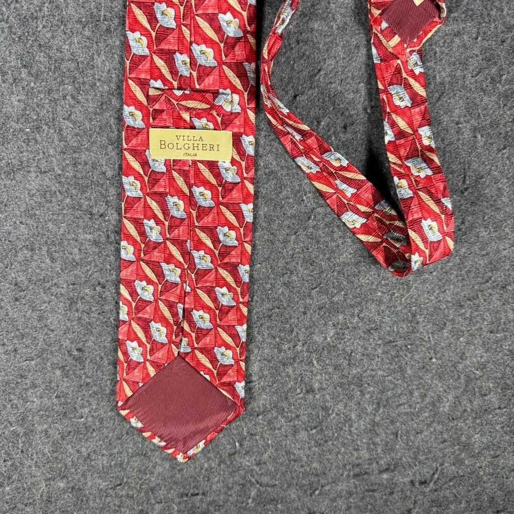 Villa Bolgheri Italia Mens Red Silk Floral Geometric Necktie Made in Italy